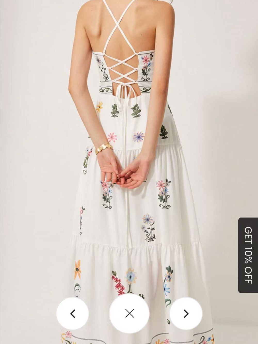 Boho Lace-Up Back Cami Dress - White with Multicolor Floral Embroidery - Picture 2 of 6